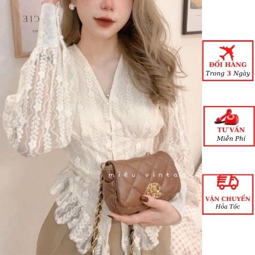 Áo sơ mi ren vạt nữ viền bèo vintage tay bồng tiểu thư bánh bèo ulzzang Hàn Quốc
