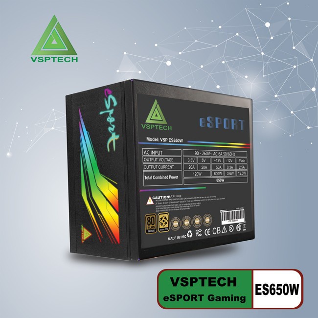 Nguồn VISION ES650W eSPORT Gaming Chính hãng (4+4pin, 2x6+2pin). VI TÍNH QUỐC DUY