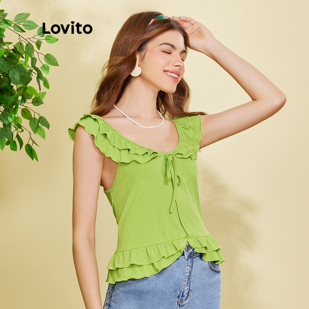 Áo ba lỗ (Lovito Exclusive) FREE NATURE hai lớp viền diềm L28EE034 (Xanh nhạt)