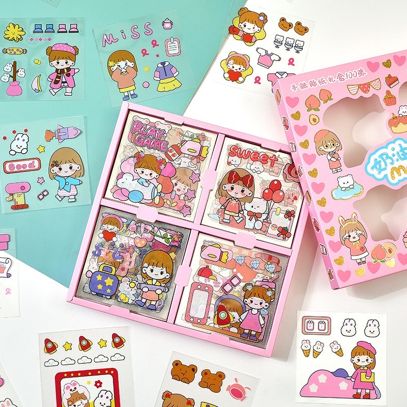 Set chiết 10 tấm của hộp 100 tấm sticker xinh xắn hoạ tiết chibi, 1 Set ngẫu nhiên đủ màu được chọn mẫu