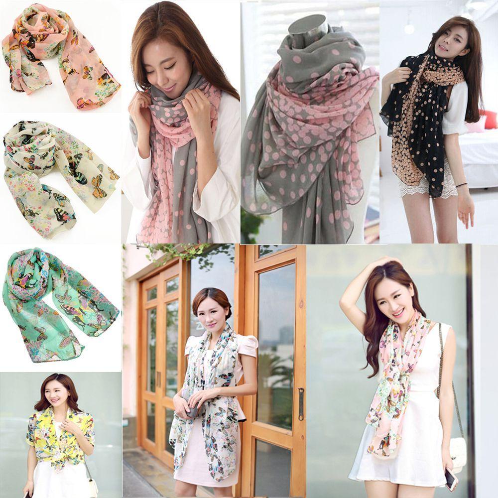 QQMALL Khăn Choàng Cổ Dài Vải Voan Mềm Mại Hoạ Tiết Bươm Bướm Chấm Bi