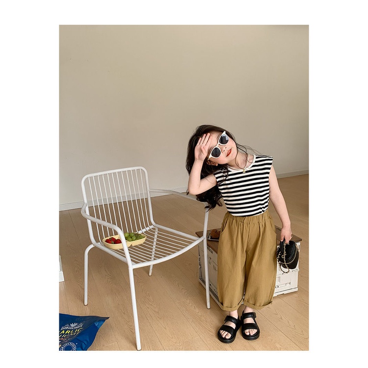 Set Áo Thun Sọc Ngang + Quần Yếm Phong Cách Hàn Quốc Cho Bé Gái