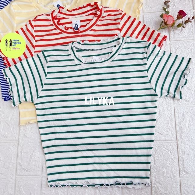 Áo Croptop Cổ Tròn Tay Ngắn Dáng Ôm Sọc Ngang Lilyka AC10