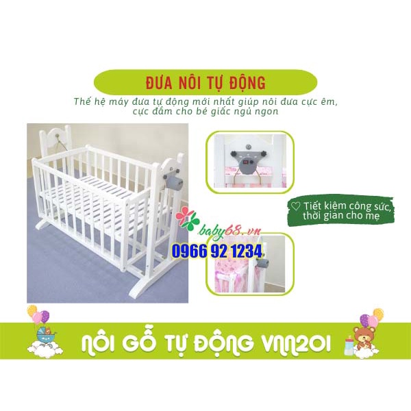 Nôi Gỗ Thông Tự Động 3 Trong 1 Cho Bé VINANOI VNN201 - Vừa Làm Nôi Tự Động Vừa Làm Giường Vừa Làm Cũi Cho bé