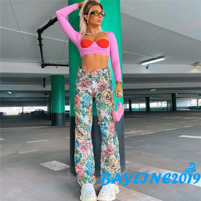 Quần Dài Nữ Ống Rộng Họa Tiết Hoa Thời Trang Cá Tính