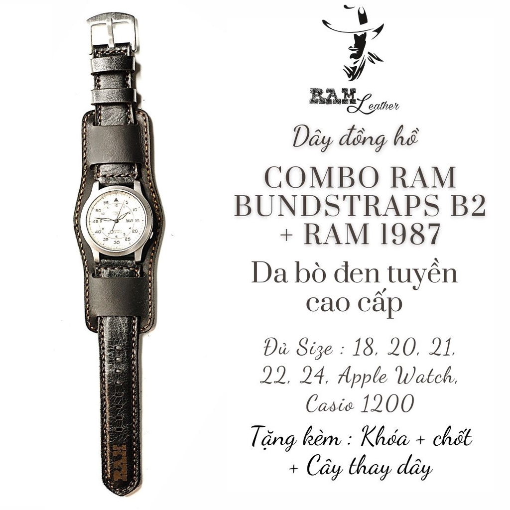 Combo Dây đồng hồ RAM Leather vintage da bò thật đen tuyền RAM Leather Black + bundstrap b2 kiểu quân đội