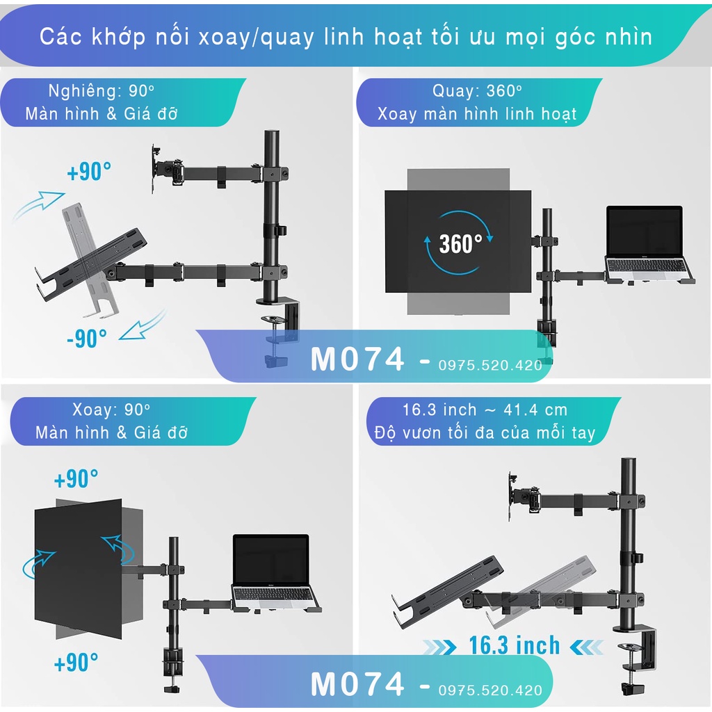 [Siêu phẩm] #M074- Giá Treo Màn Hình [17-32inch] Kèm Giá Đỡ Laptop/MacBook [10– 17Inch] [Ưu việt hơn M052/ NB H180]