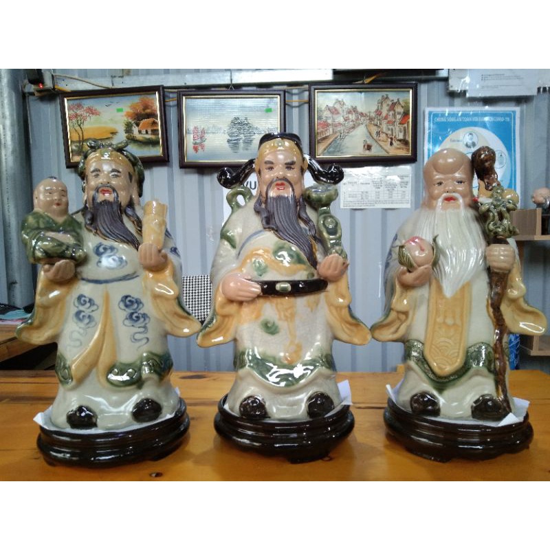 Tượng PHÚC LỘC THỌ Bát Tràng men rạn cao 30cm tặng đế