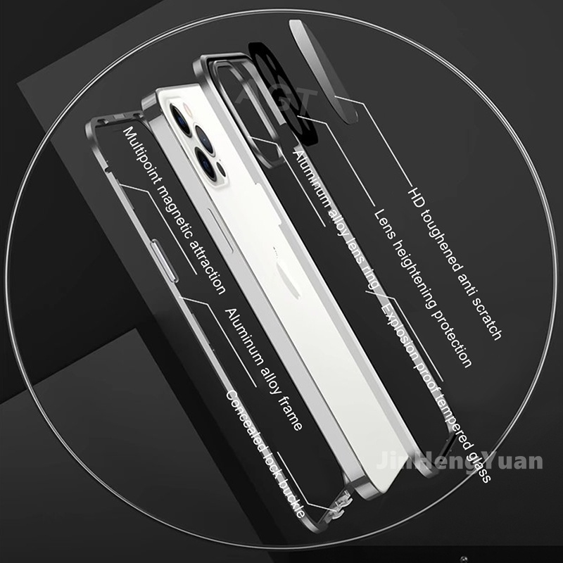 Ốp Điện Thoại Kính Cường Lực Hai Mặt Viền Kim Loại Hít Nam Châm 360 Độ IPhone 13 12 11 Pro Max 7 8 Plus X XSmax XR