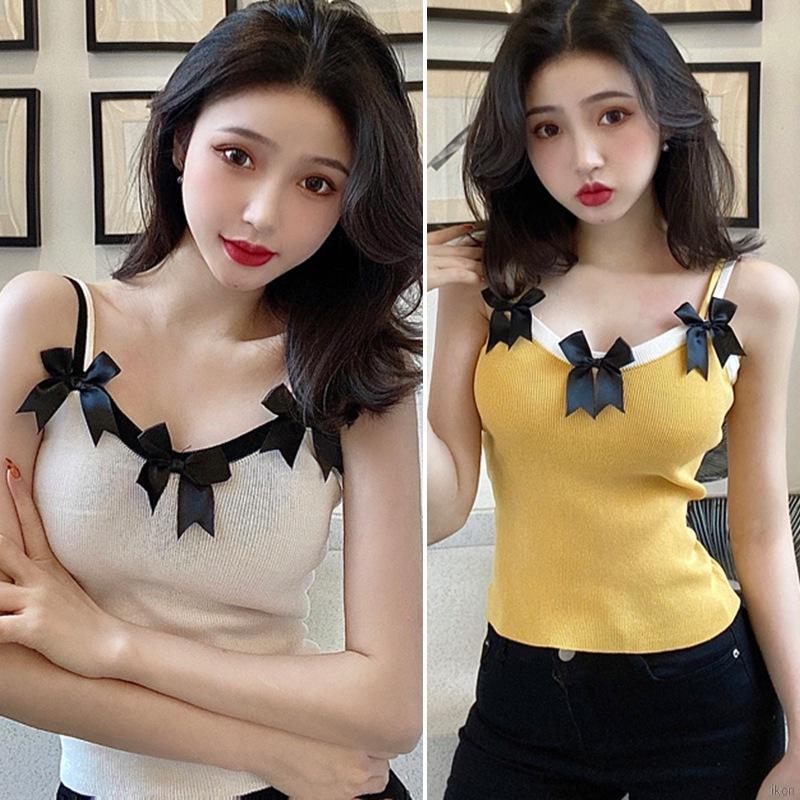 Áo Hai Dây Dệt Kim Cổ Chữ V Đính Nơ Dáng Ôm Gợi Cảm Dành Cho Nữ