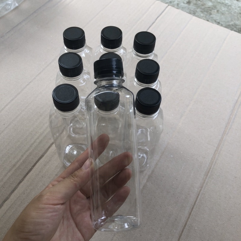 10 Chai Nhựa Vuông Nắp Đen Làm Trà Sữa 330ml | Chai Nhựa Đựng Trà Sữa