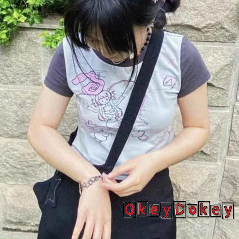 Áo Thun Tay Ngắn Cổ Tròn In Họa Tiết Hoạt Hình Màu Sắc Tương Phản Thời Trang Cho Nữ