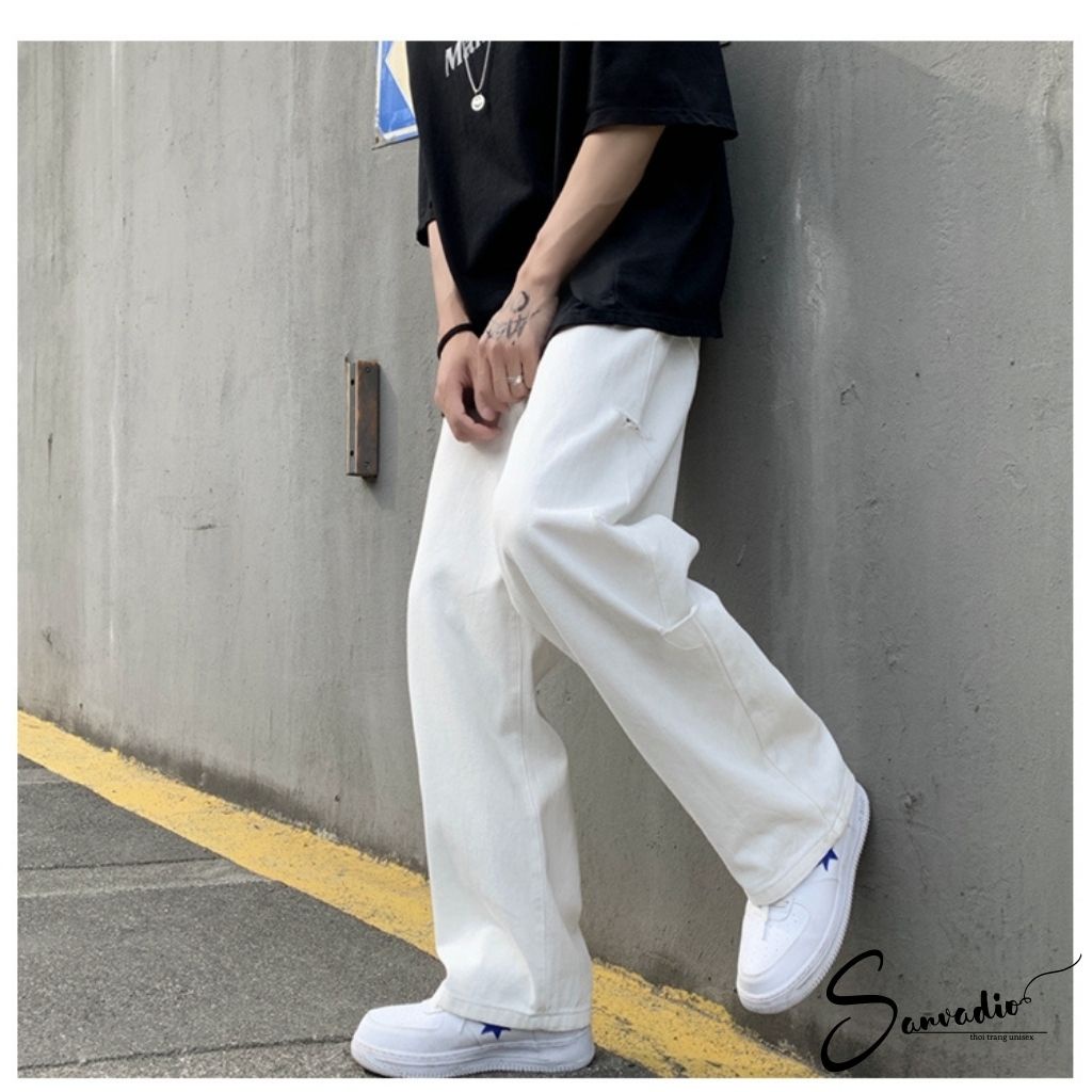 Quần suông kaki SANVADIO quần nam ống rộng unisex jean nam cao cấp hai màu đen trắng QD23