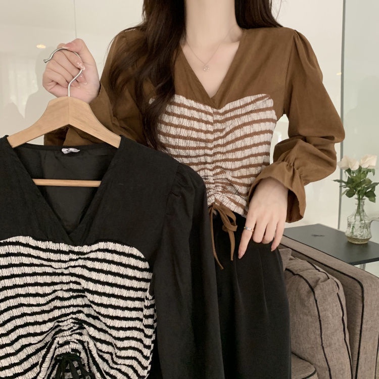 Áo Kiểu Tay Dài Cổ Chữ v Kẻ Sọc Phối Dây Rút Xếp Ly Thời Trang Mùa Thu