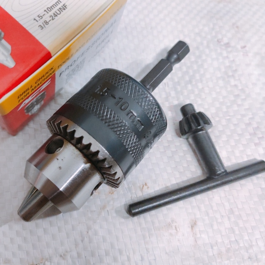 Đầu kẹp mũi khoan, đầu mang ranh 10mm, loại tay khóa, kèm chuôi lục giác