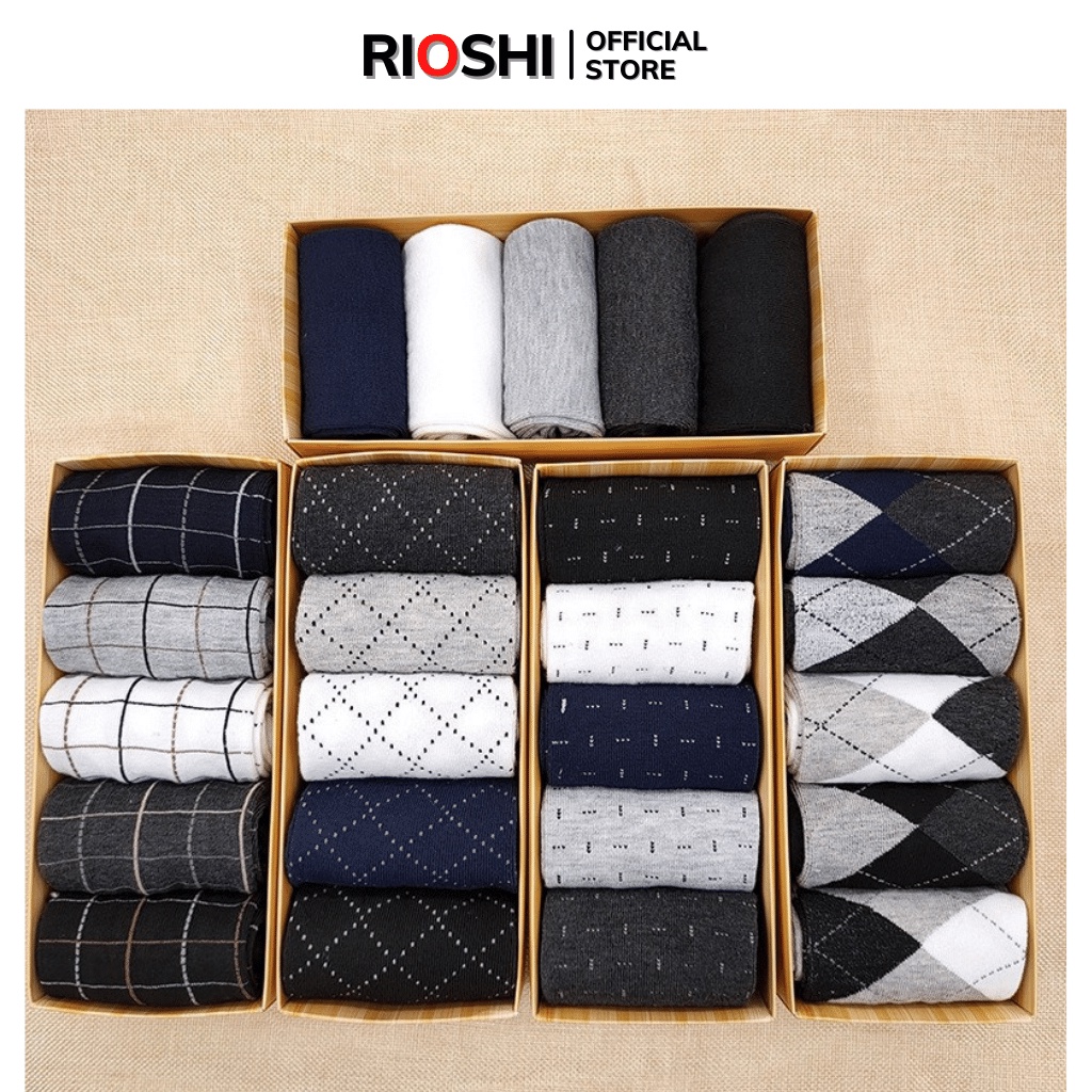 Tất nam công sở cao cổ 5 đôi kháng khuẩn cao cấp đóng hộp 5 màu Rioshi TN02 Tất vớ nam cổ trung hộp quà tặng bạn trai