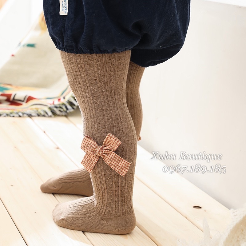 Quần Tất Cho Bé - Quần Tất Gắn Nơ LARVAKELLY cotton co giãn tốt từ 3 tháng - 8 tuổi , Tất trơn gân gắn nơ nhiều màu