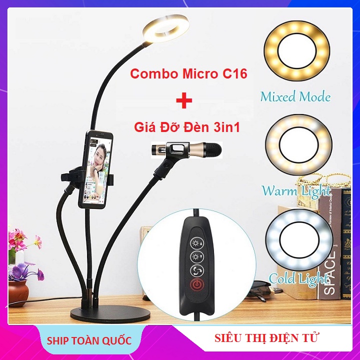 Bộ Micro C16 Bluetooth, Giá Đỡ Đèn 3in1, Tặng Tai Nghe - Combo Mic C16 Livestream Hát Karaoke Giả Giọng Cực - New 2022