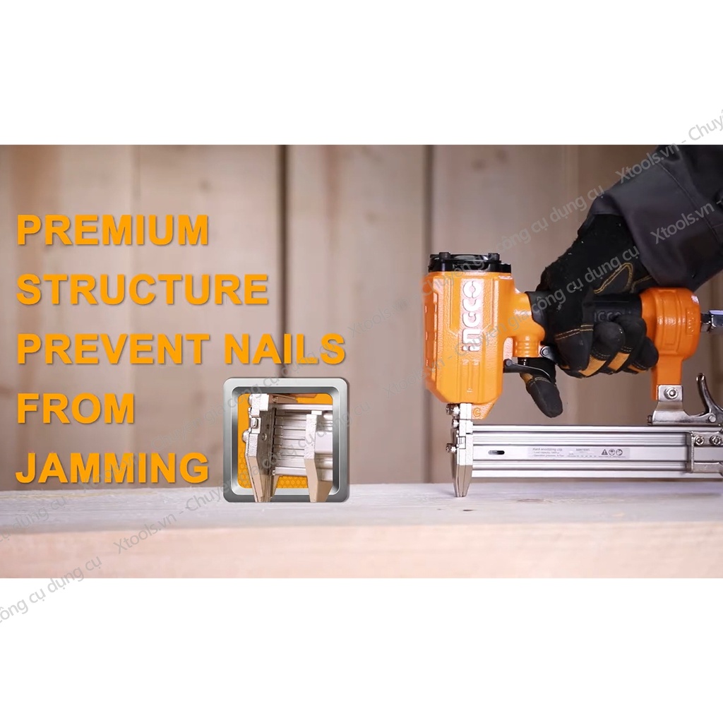 Súng bắn đinh gỗ cầm tay dùng khí nén INGCO ABN10301-3. Máy bắn đinh thẳng Ga18,1.25x1.00mm đinh 10-30mm 60-100Psi