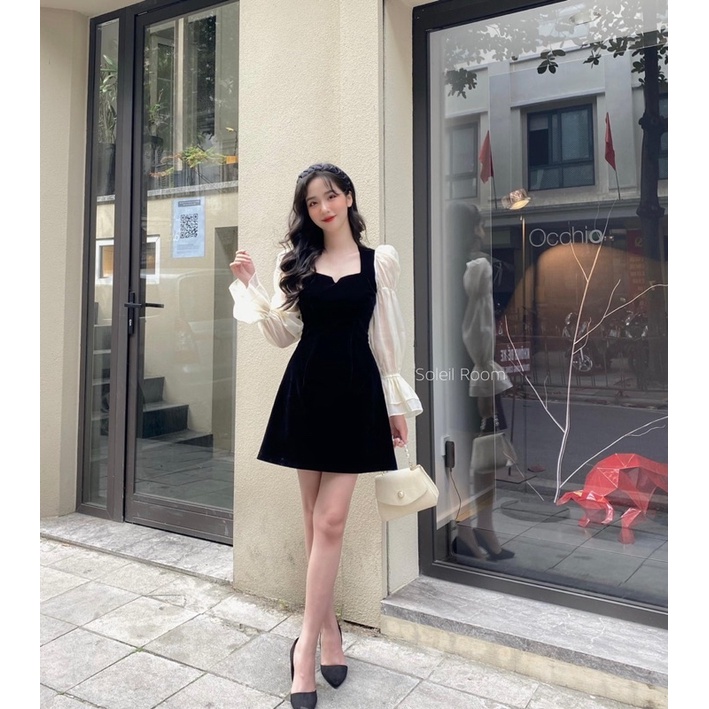 [ Có sẵn ] Váy liền phối tay voan cổ vuông cách điệu hàng chuẩn l1 | BigBuy360 - bigbuy360.vn