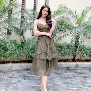 Váy tơ 2 dây bèo hai tầng cúp ngực xòe V778 KYMIE