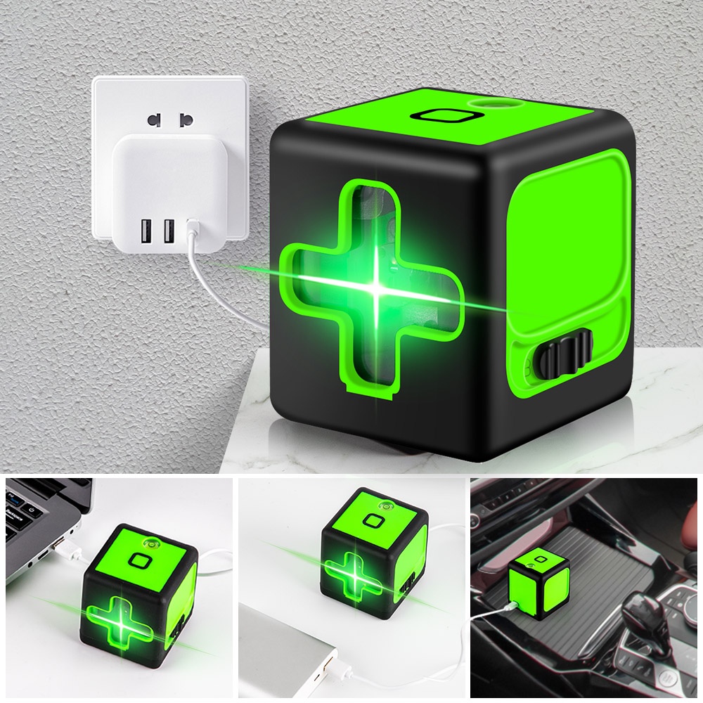 Máy Đo Bằng Tia Laser 2 Đường Chéo Màu Xanh Lá Cây Mini Dọc Và Ngang Siêu Mạnh Mẽ Với / Không Có Pin