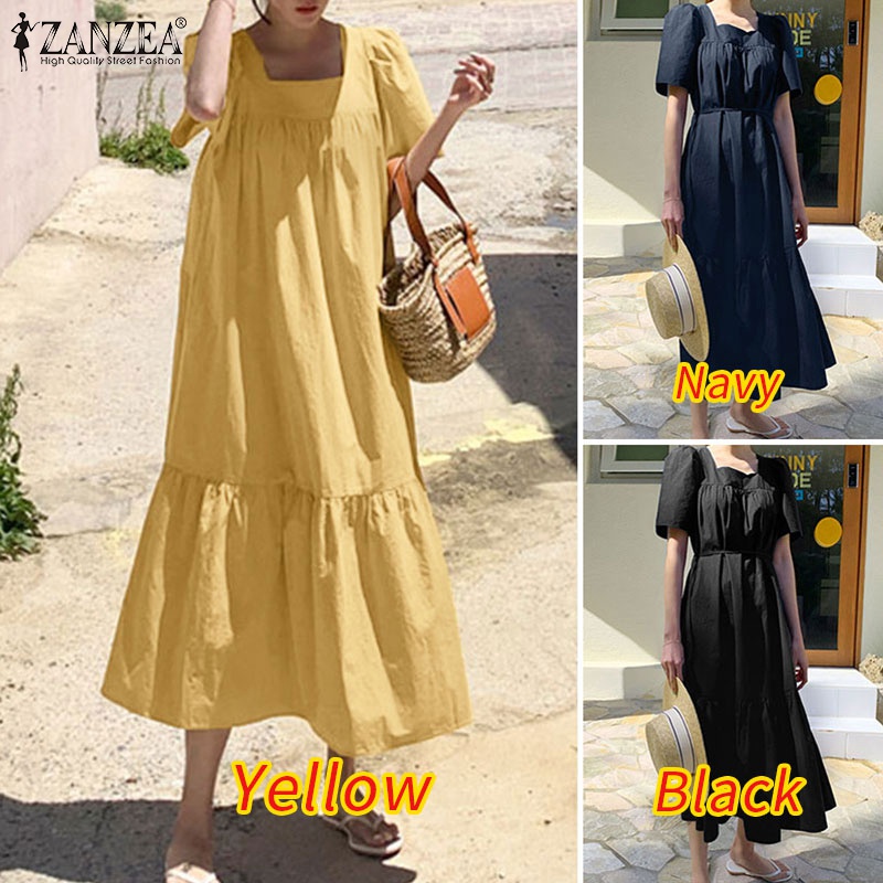 Đầm dáng dài Zanzea tay ngắn cổ vuông màu trơn thời trang cho nữ