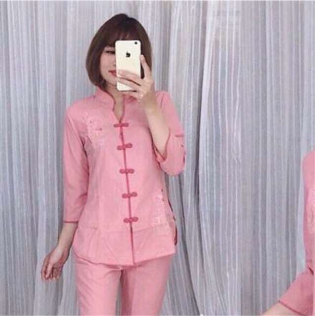 Bộ đi chùa , cổ tàu thêu sen màu nâu , bộ đà đi chùa