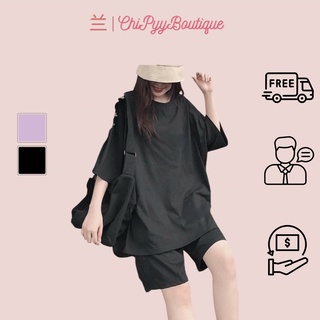 Set bộ áo thun tay lỡ kèm quần shorts đùi đen trơn basic unisex 2 màu đen - tím freesize dưới 60kg