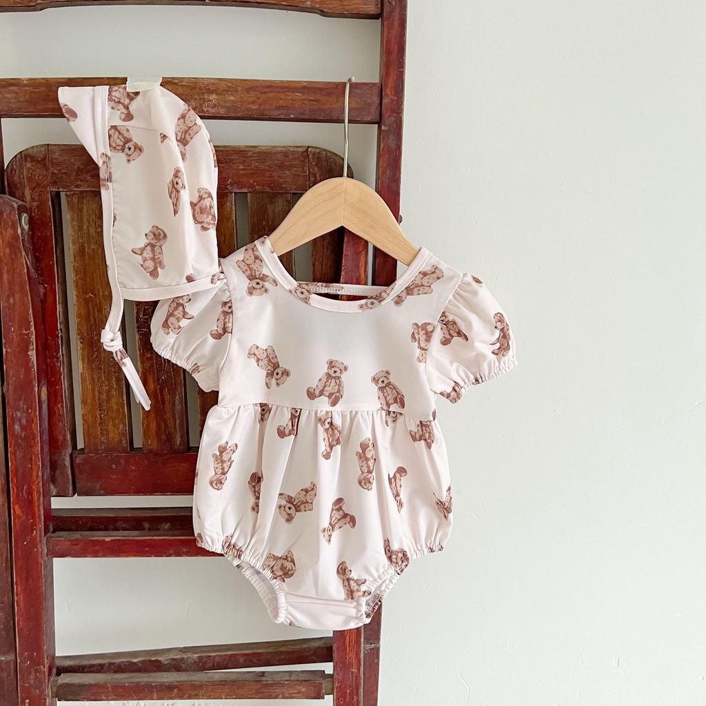 Bộ Đồ Bơi Liền Thân Tay Ngắn In Hình Gấu + Mũ Thời Trang Mùa Hè Cho Bé Gái