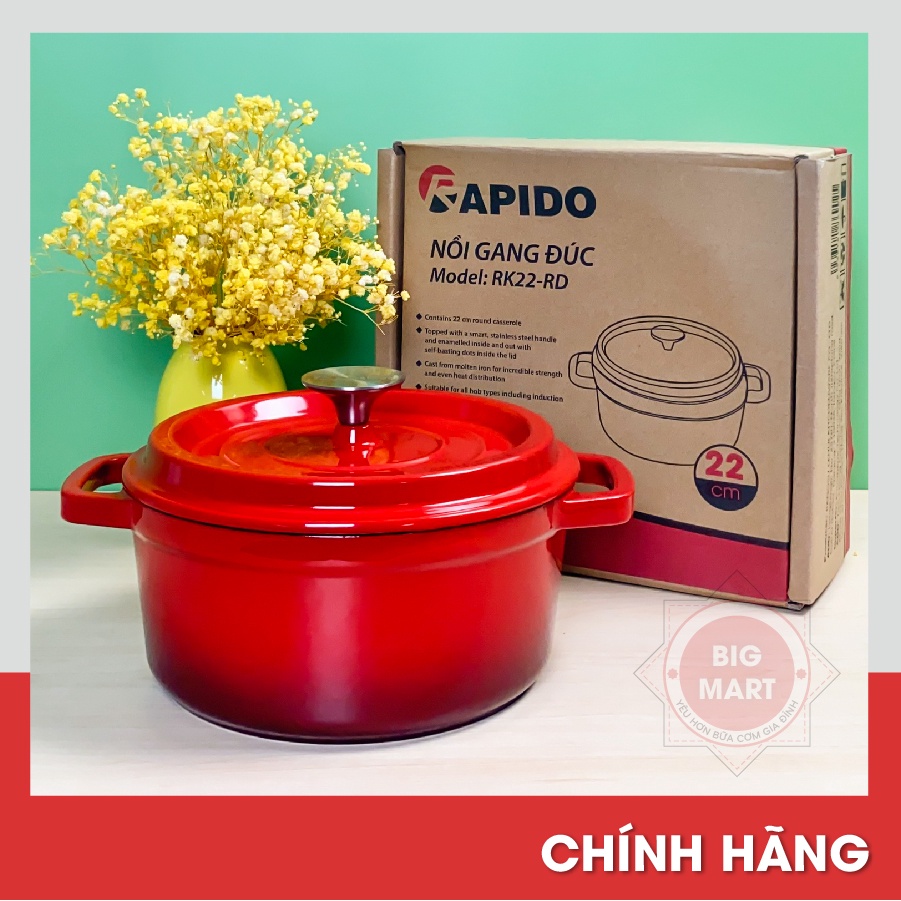 Nồi Gang Rapido Chống Dính Nguyên Khối Size 20cm - 22cm - 24cm Màu Đỏ