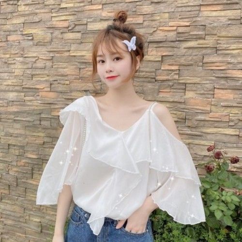 AMOI Áo Kiểu Chiffon Tay Ngắn Loe Trễ Vai Cổ Chữ V Phối Bèo Ngọt Ngào Cho Nữ