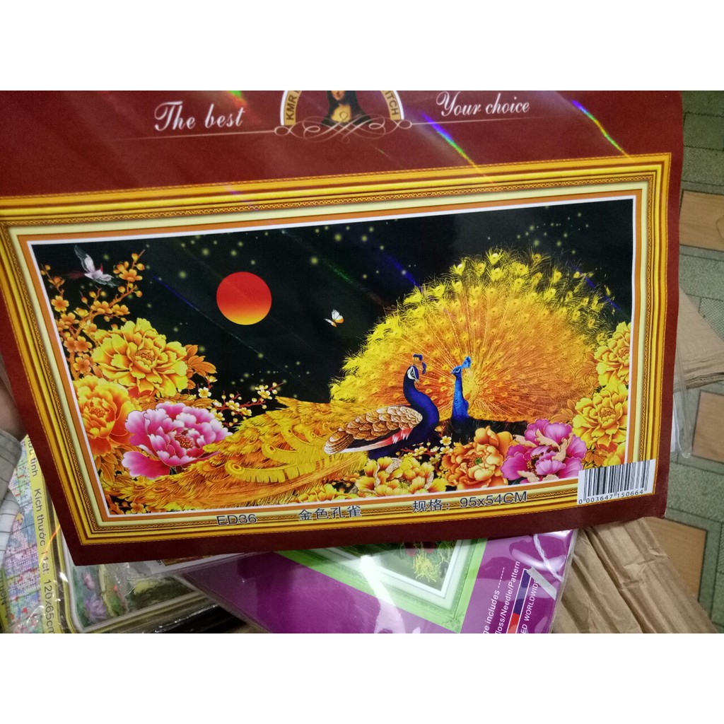 tranh thêu chữ thập thêu kín đôi chim công phu thê viên mãn kt 95x54cm