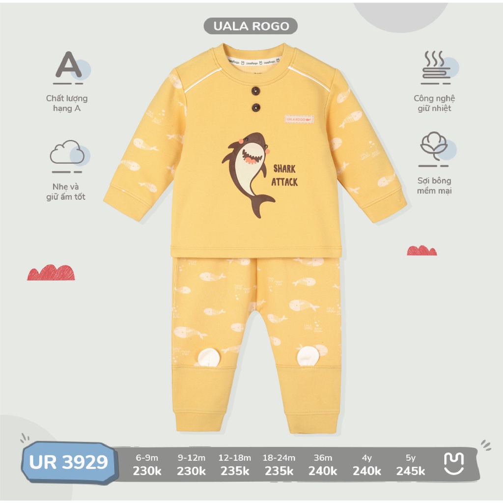 Bộ quần áo dài tay cho bé Ualarogo 6 tháng - 5 tuổi cotton nỉ baby shark cổ tròn bo ống giữ ấm 3929