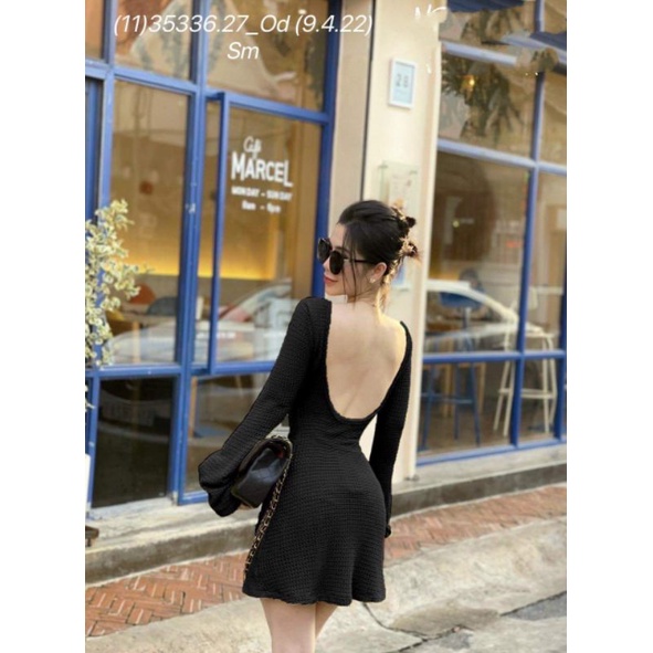 Đầm body hở lưng tay loe đen