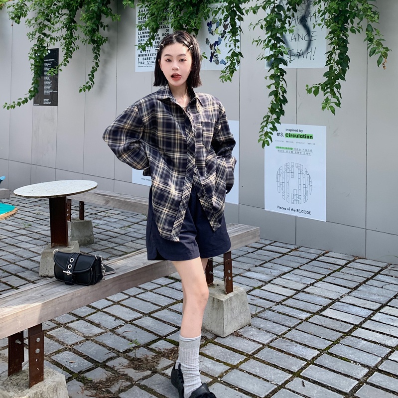 SUXI Áo Sơ Mi Caro Tay Dài Dáng Rộng Trẻ Trung Phong Cách Vintage Hàn Quốc