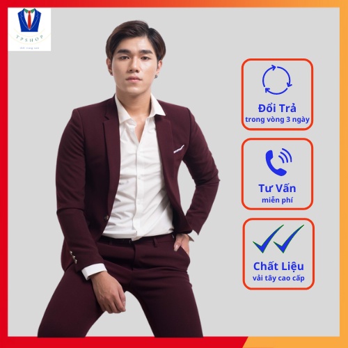 Bộ vest nam màu đỏ form hàn 1 khuy full size [Áo vest + Quần]