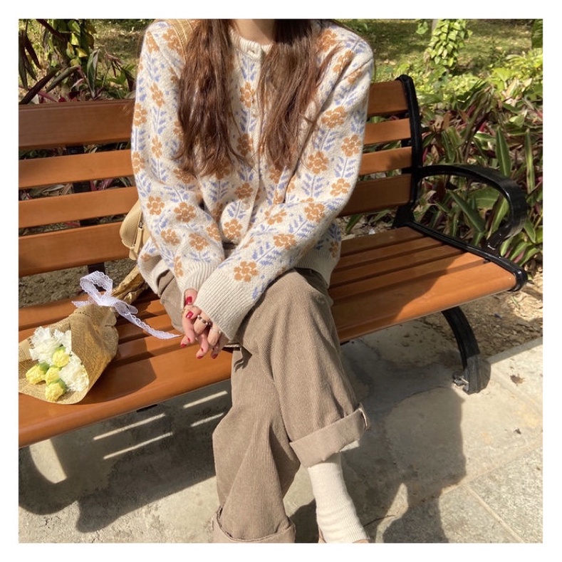 Áo khoác Cardigan len phong cách vintage hoa lúa mạch nữ tính -jg8