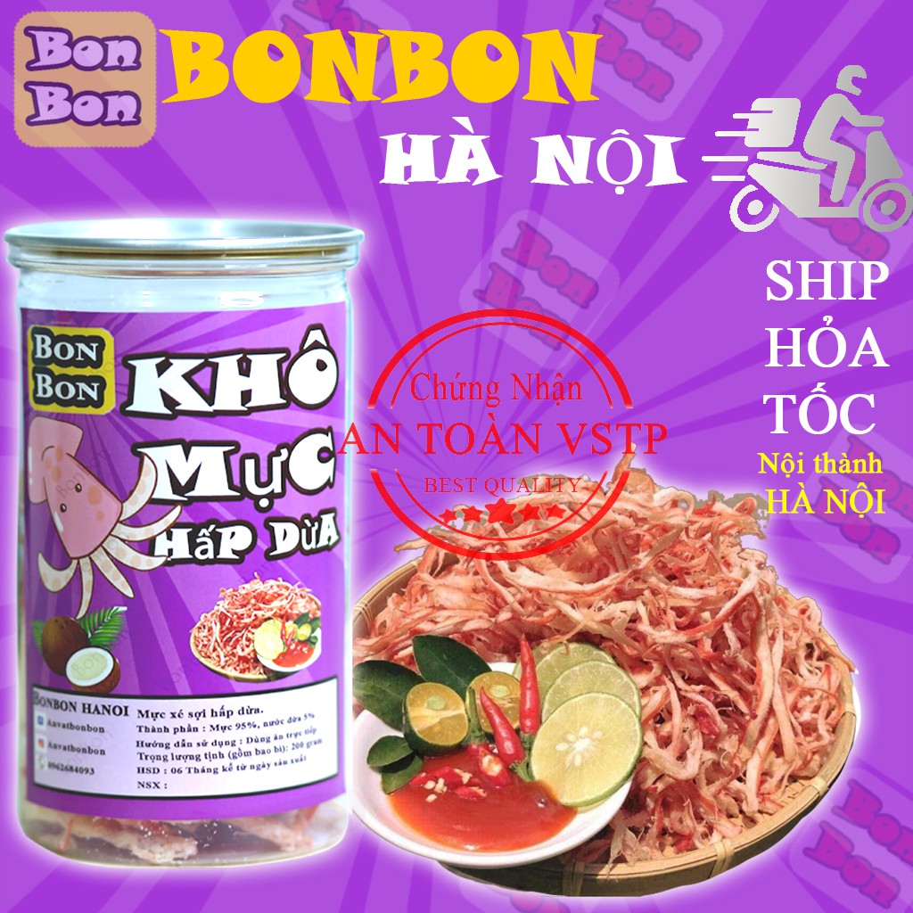 Mực xé sợi hấp nước dừa 200g BONBON Đồ ăn vặt Hà Nội vừa ngon,vừa rẻ. Hàng loại 1, thơm ngon, dai dai.  Bonbon