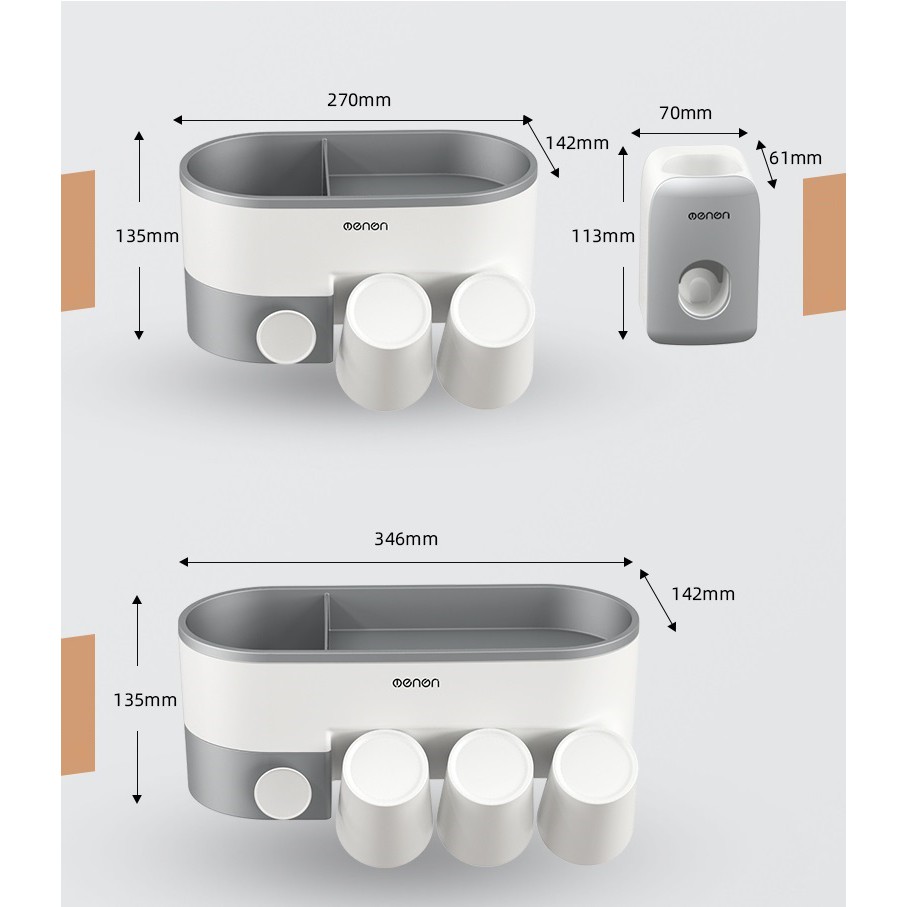 Kệ Treo Bàn Chải Nhà Tắm OENON chất liệu nhựa ABS cao cấp tặng kèm 3 Cốc lắp đặt dán tường - OE041
