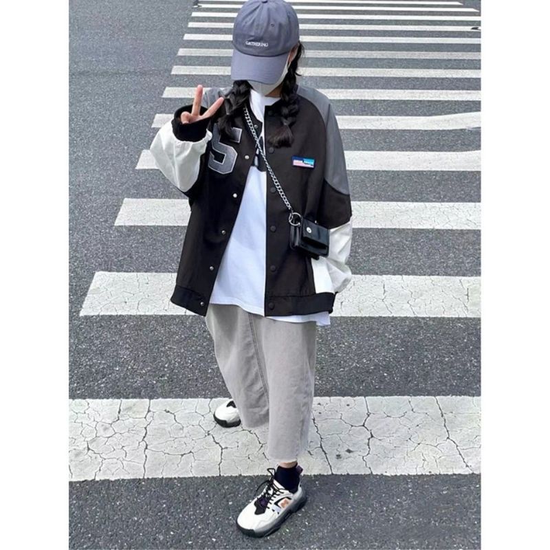 Áo khoác bomber unisex tag AYWETR dáng rộng mix màu  HotdogBoy màu đen xám trendy Tik Tok Trung