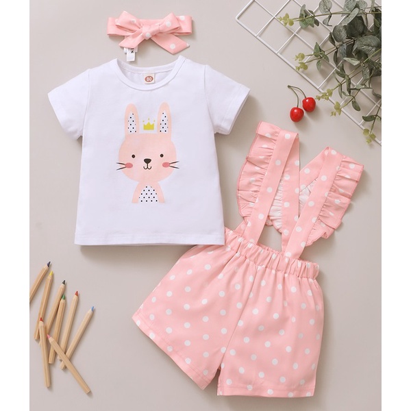 Set 3 món Mikrdoo gồm áo tay ngắn in hình thỏ + quần chấm bi + băng đô cài tóc thời trang mùa hè cho bé gái sơ sinh