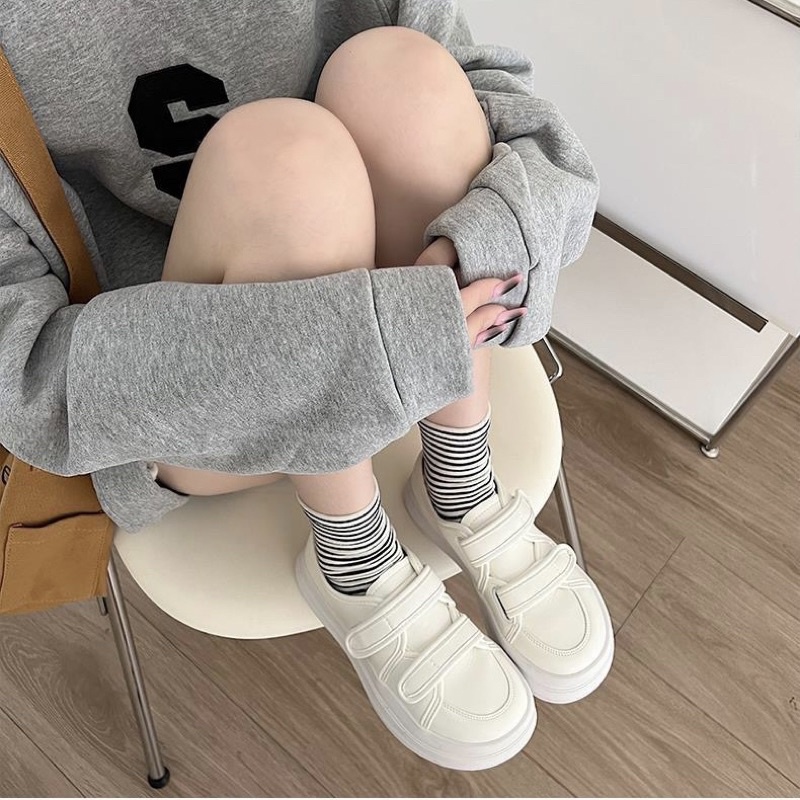 Giày da sneaker quai dán đế bánh mì thể thao ulzzang trắng đi học đi chơi style hàn quốc