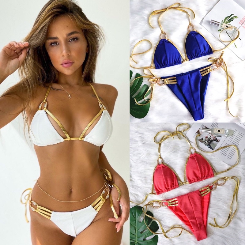 [BKN897] &lt;ÂU&gt; SET BIKINI XANH COBALT/TRẮNG/HỒNG VIỀN VÀNG MIX ĐÁ