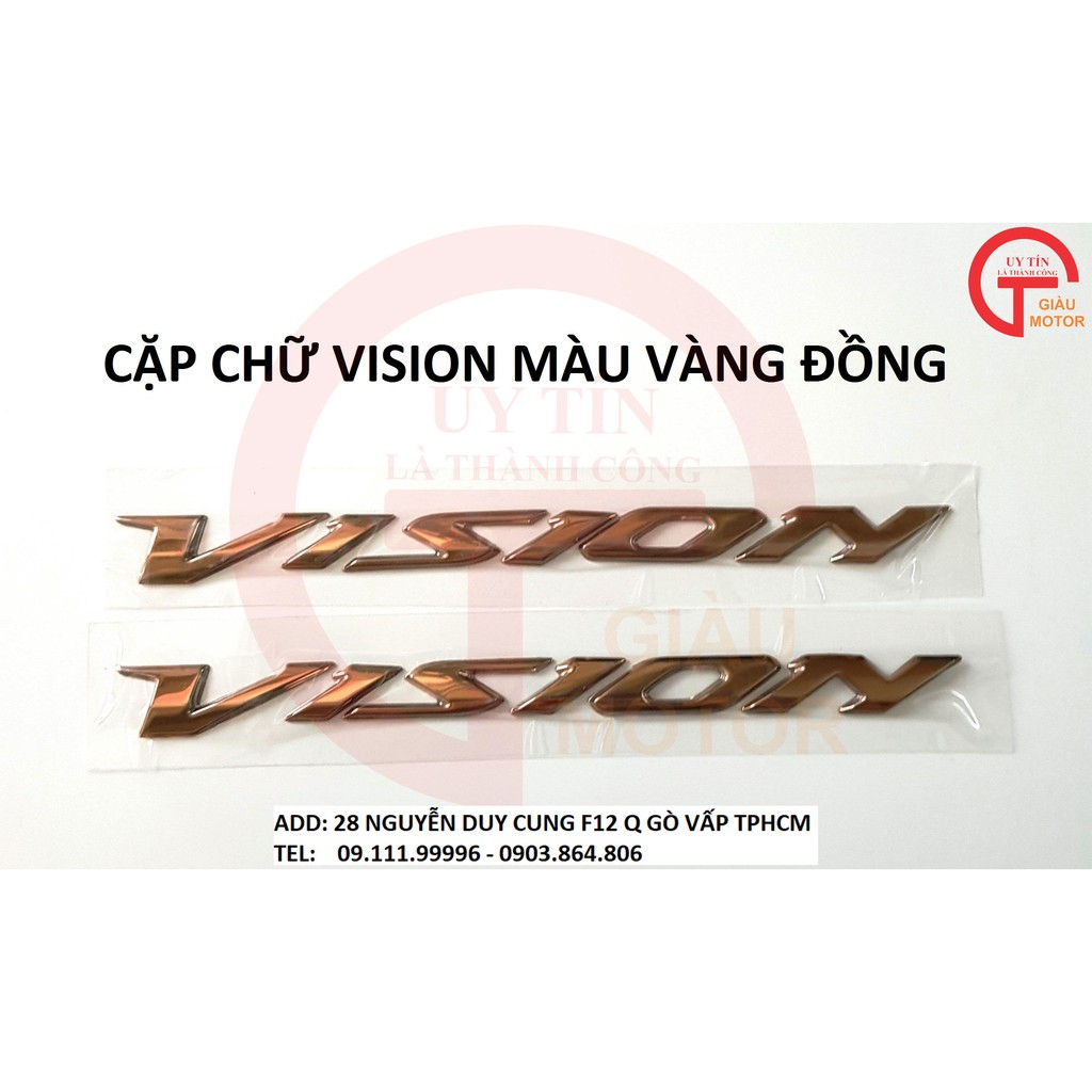 CẶP CHỮ VISION DÁN XE BẰNG NHỰA DẺO MÀU VÀNG ĐỒNG DÁN XE VISION ĐỜI MỚI