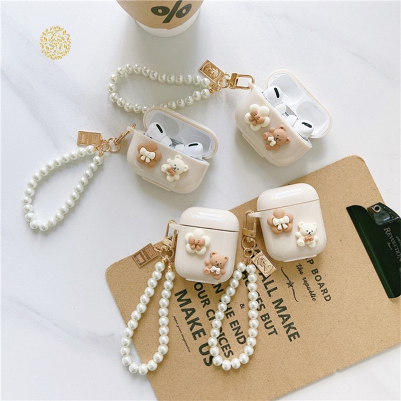 Vỏ Bảo Vệ Hộp Sạc Tai Nghe AirPods 1/2/3/Pro 3 Pro Chất Liệu Mềm Đính Ngọc Trai Và Chú Gấu Dễ Thương