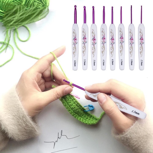 Bộ kim móc len side lớn , đầu móc nhôm cán trắng sứ viền hoa đẹp