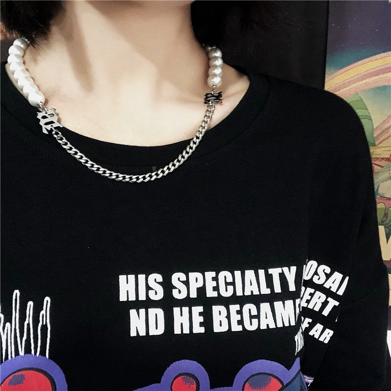 Vòng cổ chuỗi mặt chữ cái đính ngọc trai giả thời trang hip hop