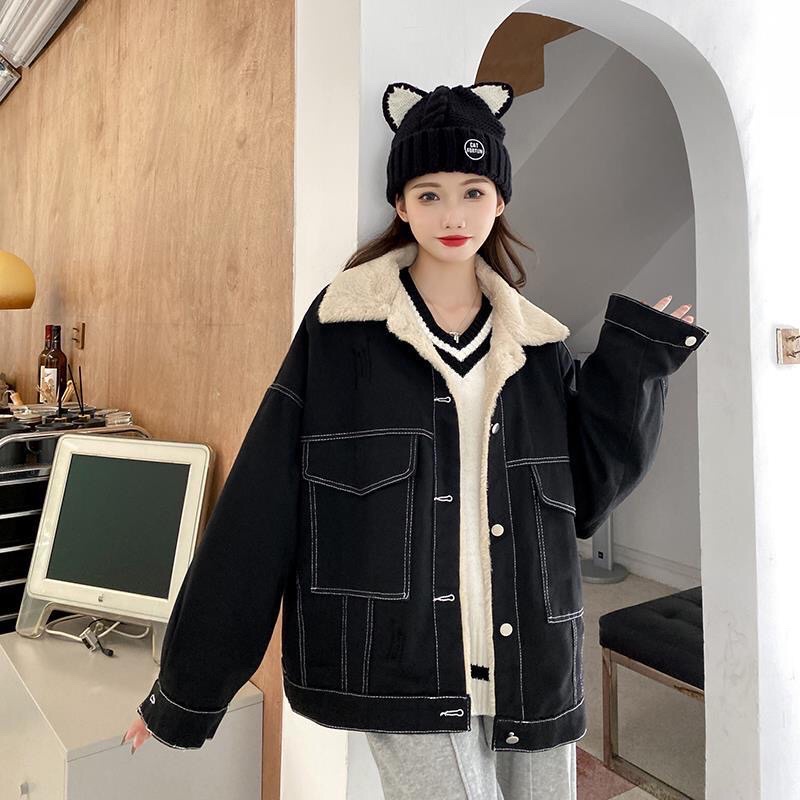 Áo khoác denim lót lông cừu