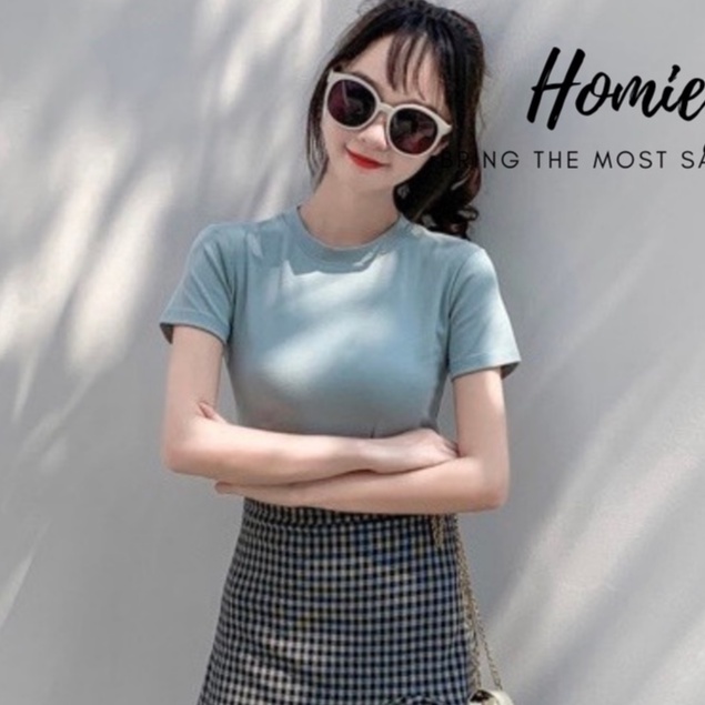 Áo thun trơn nữ cổ tròn cộc tay dáng ôm body basic Homieyl cao cấp, áo phông trơn nữ cotton O đen trắng H207